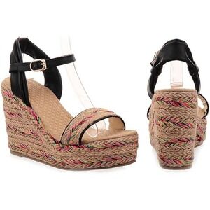 Women's US 6‎ Black Wedge Platform Sandals Open Toe Straw Espadrilles High Heel